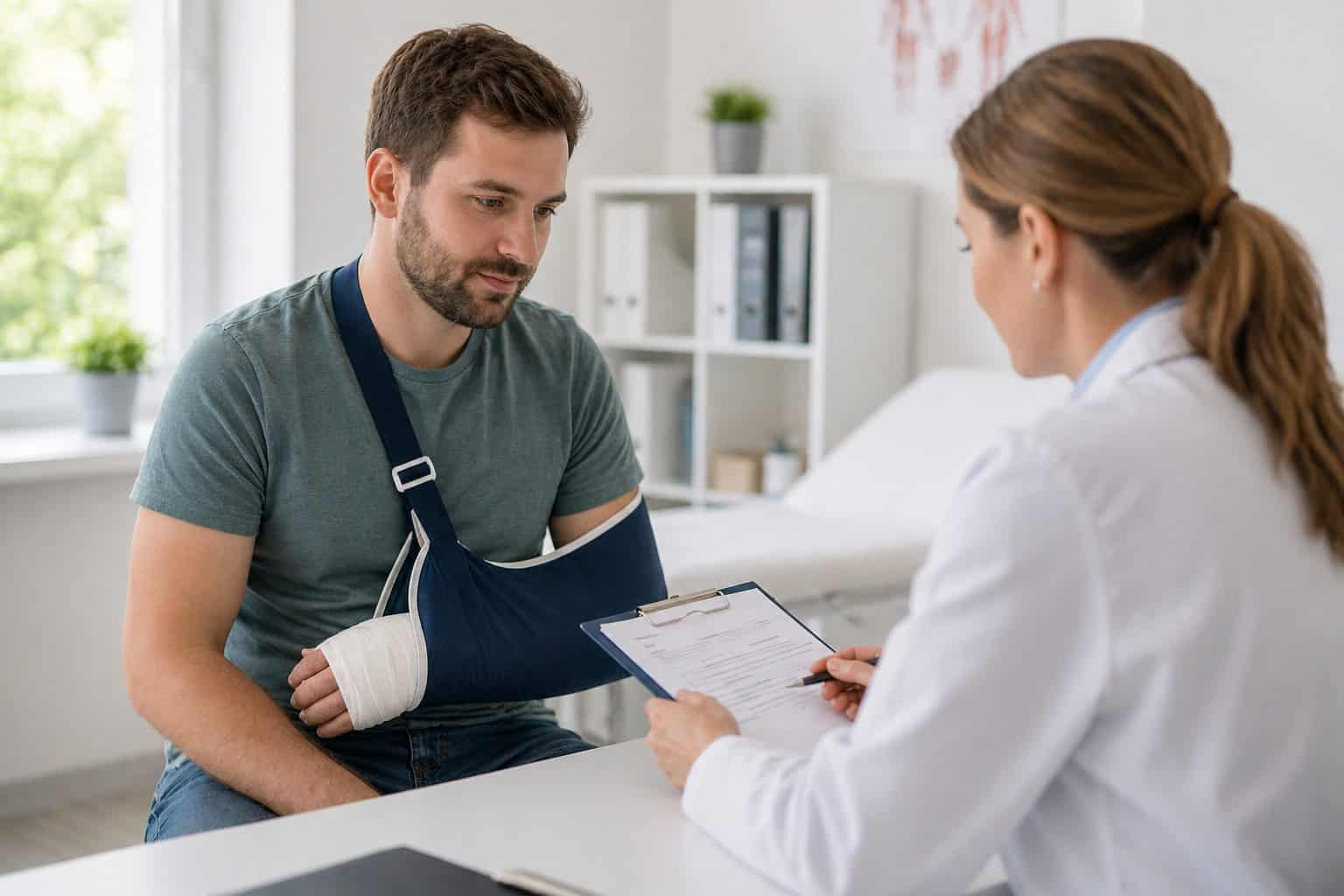 Durchgangsarzt (D-Arzt) Patient mit Armbinde beim Arzt