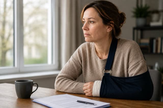 Frau mit Armverletzung denkt nach, sitzt am Tisch mit Notizbuch und Kaffeetasse.